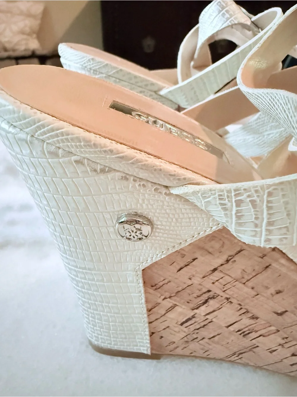 GUESS White Textured Cork Wedge Sandals